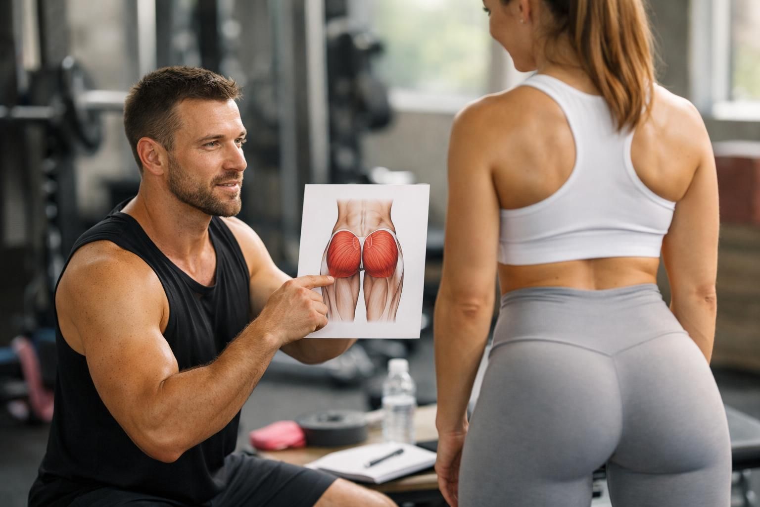 Trener pokazuje dijagram gluteusa ženi u teretani