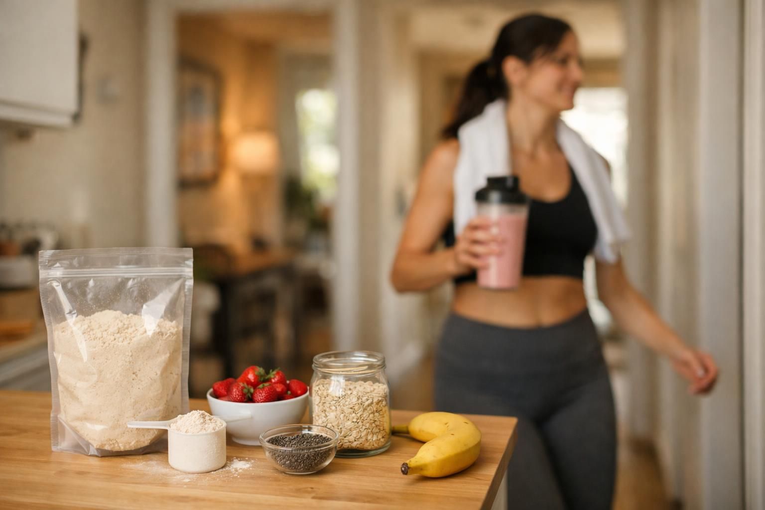 Protein powder, oats, strawberries, bananas on kitchen counter