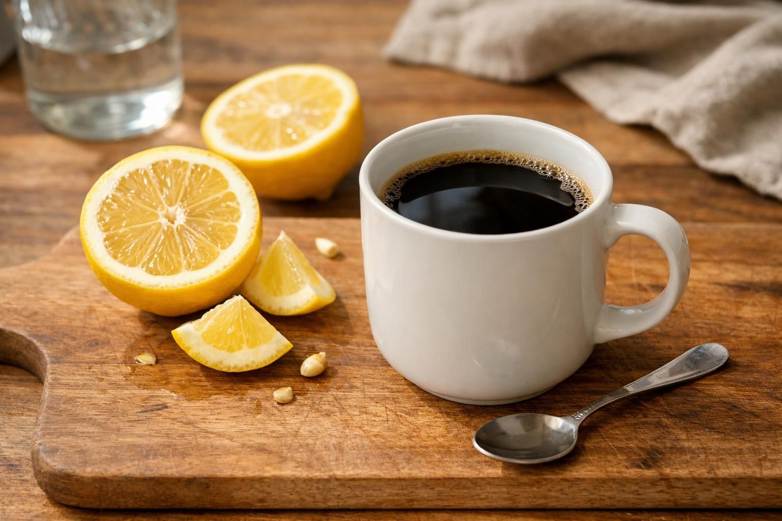 Šolja crne kafe, prepolovljen limun i kašičica na dasci