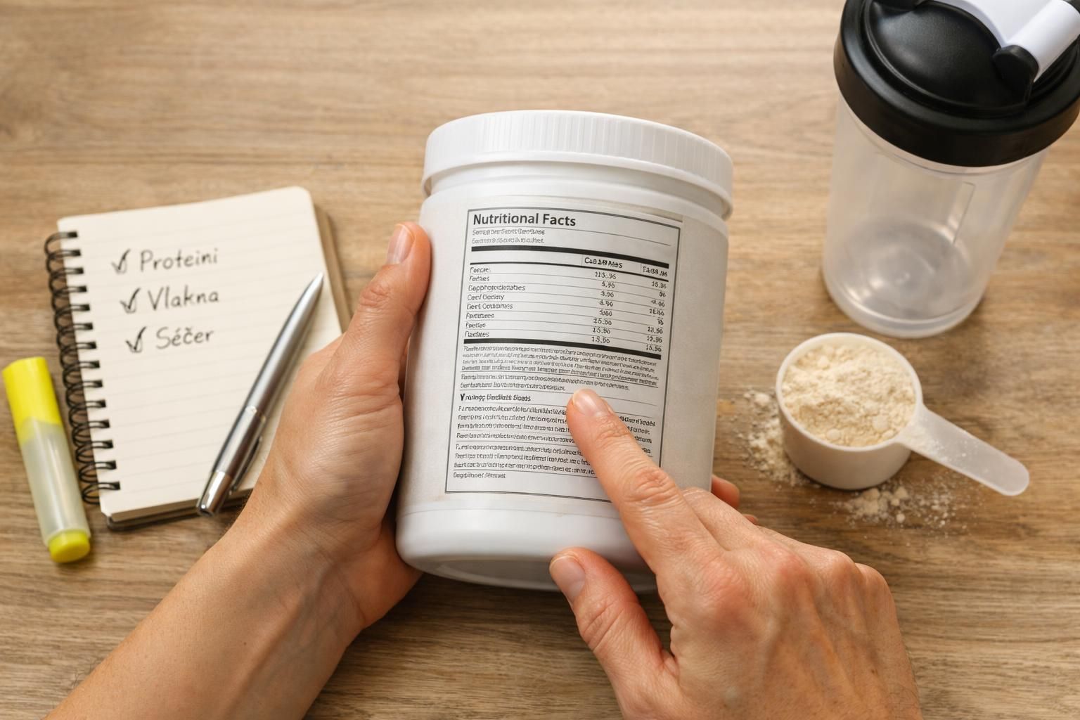 Hands reading nutrition facts on protein powder container