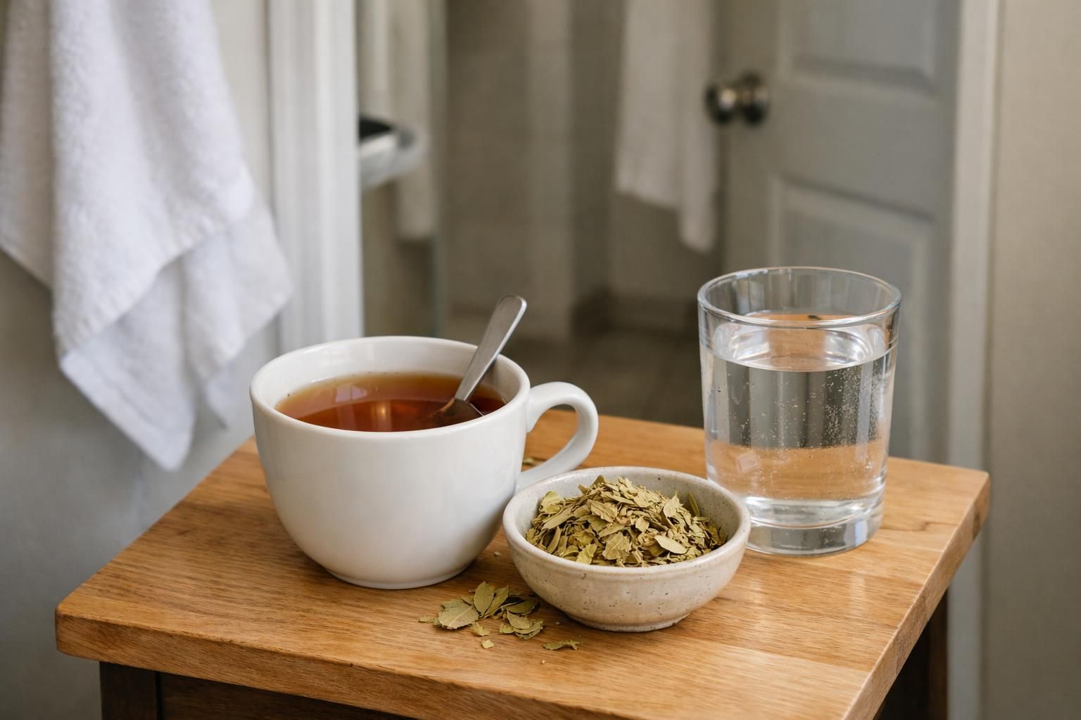 Cup of tea, glass of water, dried herbs bowl