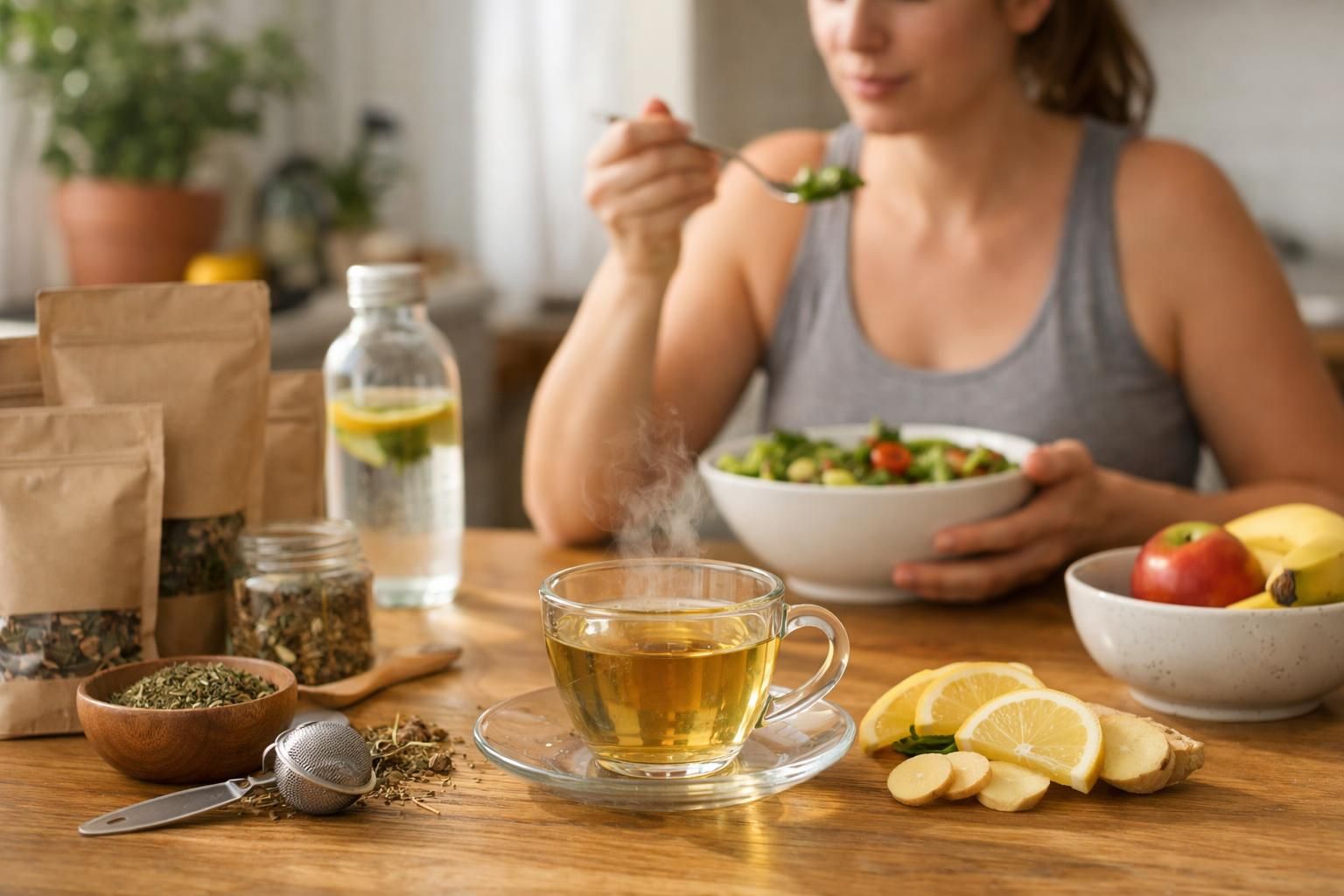 Woman eating salad beside steaming tea, lemon, and ginger