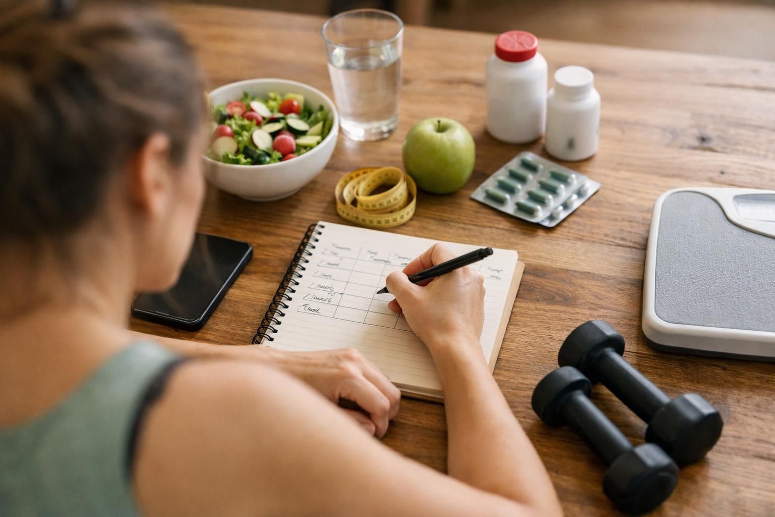 Person writing in notebook beside salad, apple, dumbbells