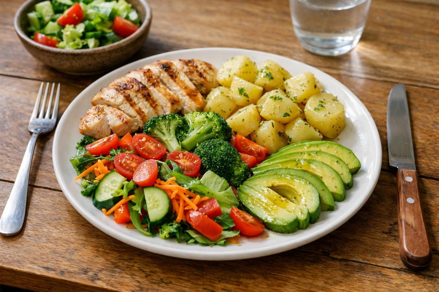 Grilled chicken with potatoes, avocado, broccoli, and salad