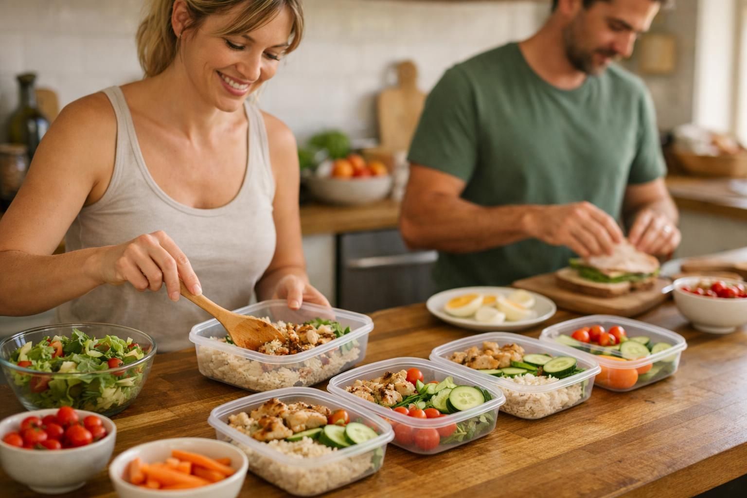 Woman meal preps rice and chicken in containers