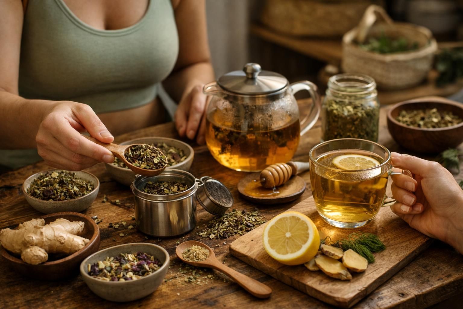 Hands preparing herbal tea with lemon, honey, ginger