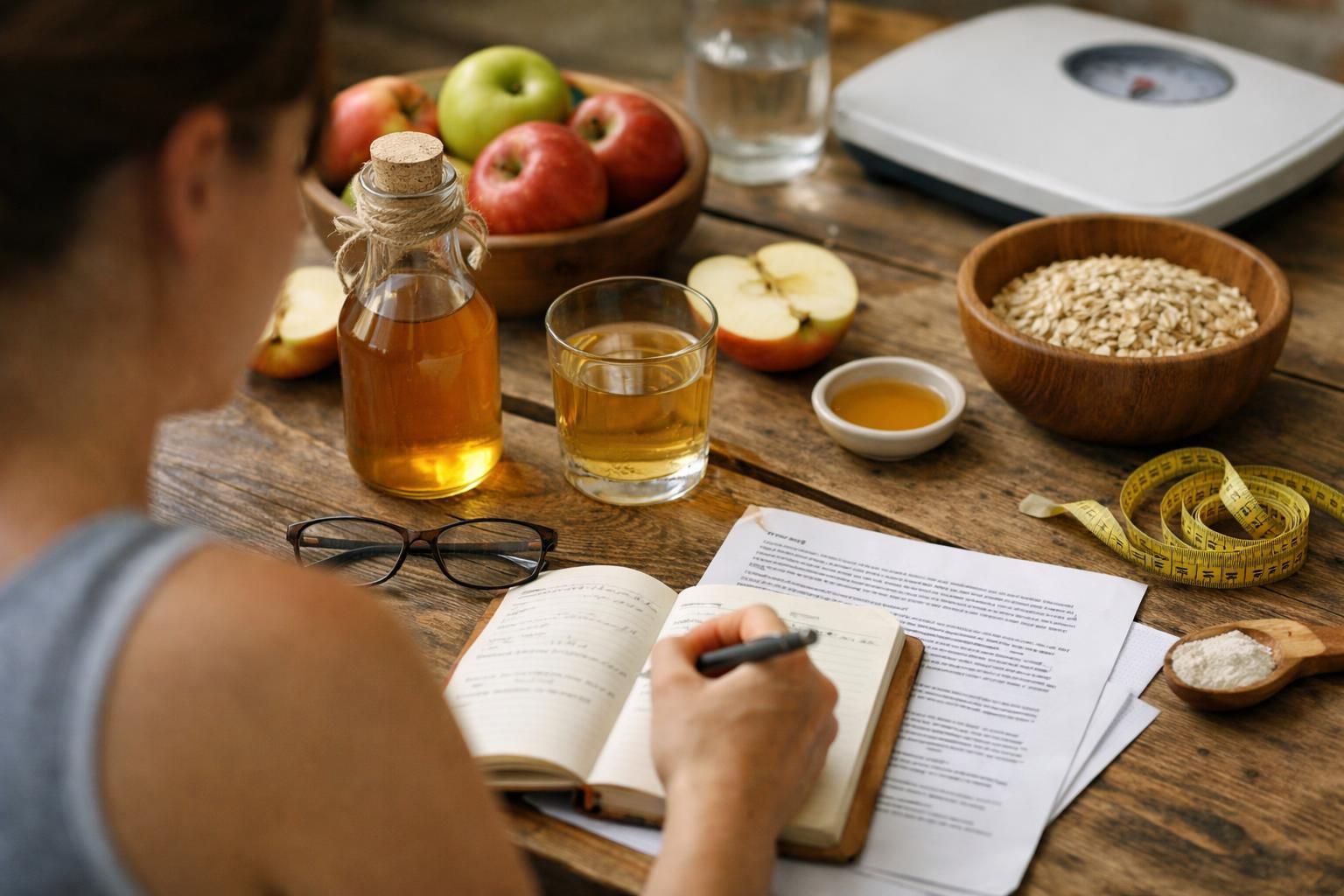 Person writing notes beside apples, oats, and kitchen scale