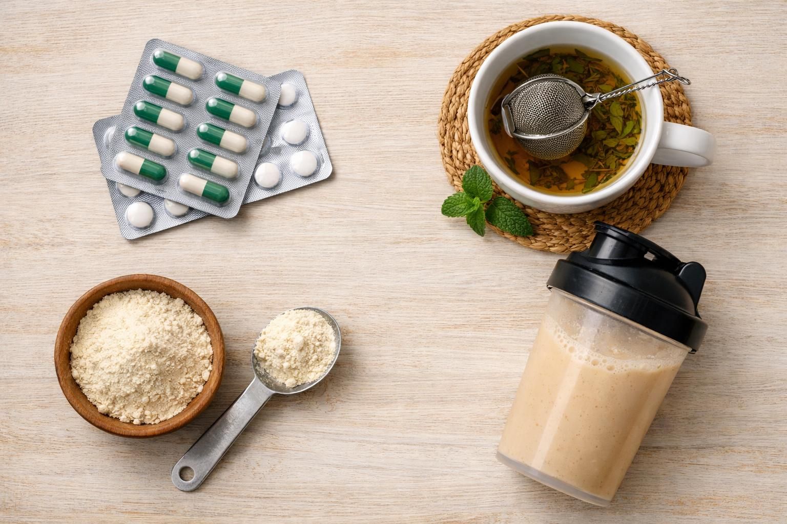 Capsules, herbal tea cup, protein powder, and shaker bottle