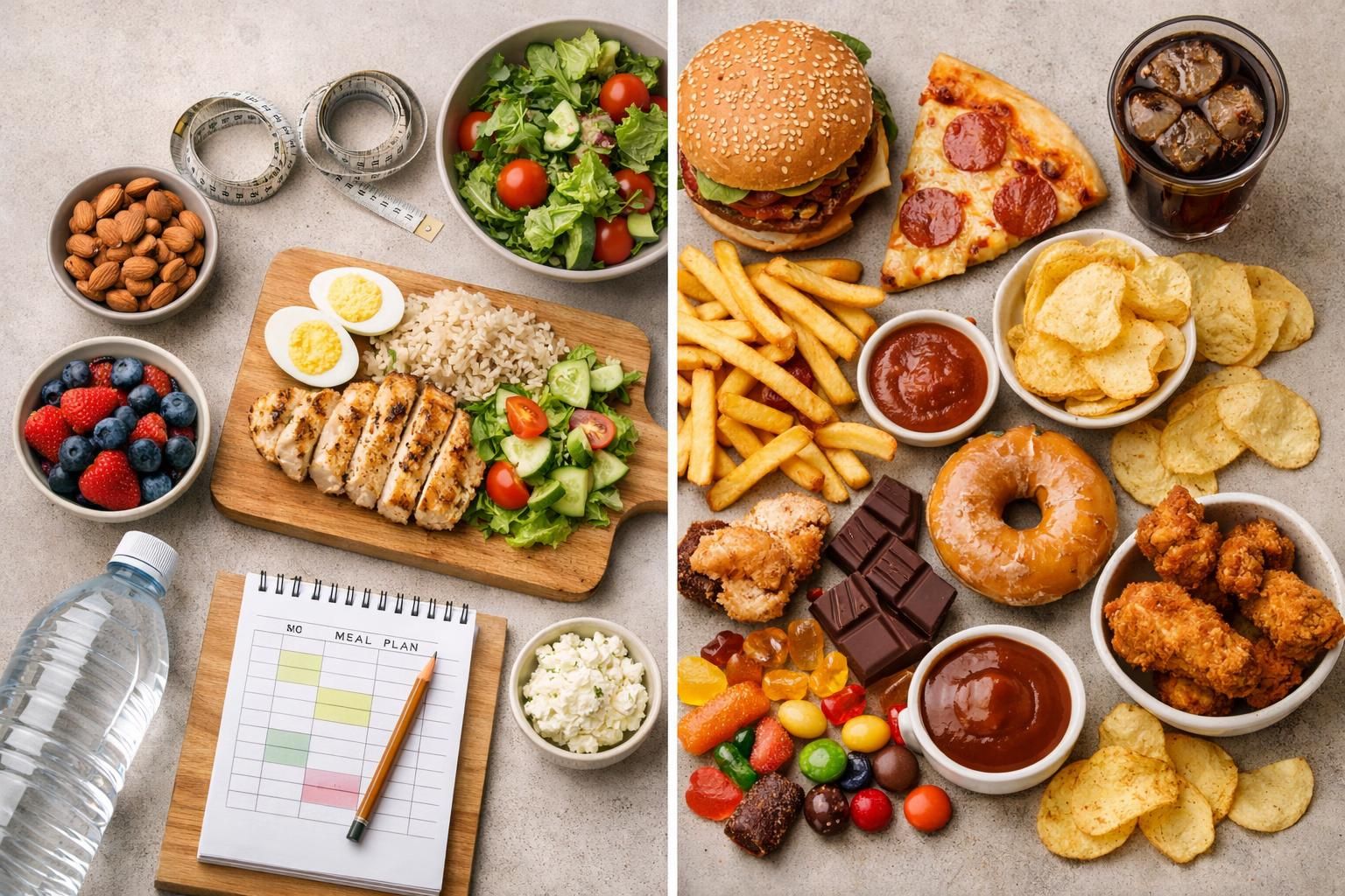 Healthy meal prep foods beside fast food and sweets