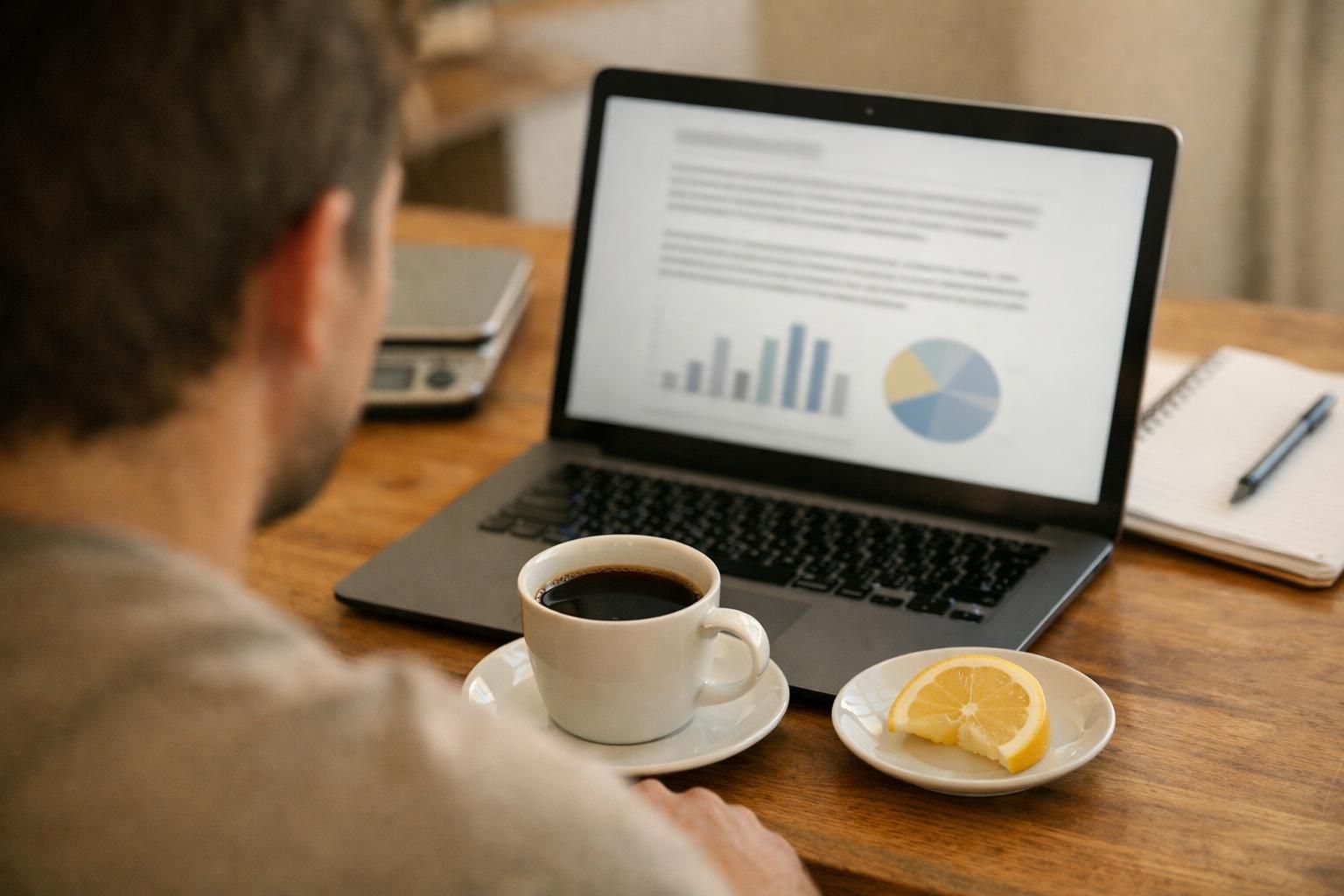 Person viewing charts on laptop beside coffee and lemon
