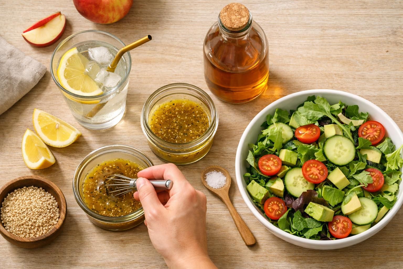 Hand whisking vinaigrette beside green salad with avocado