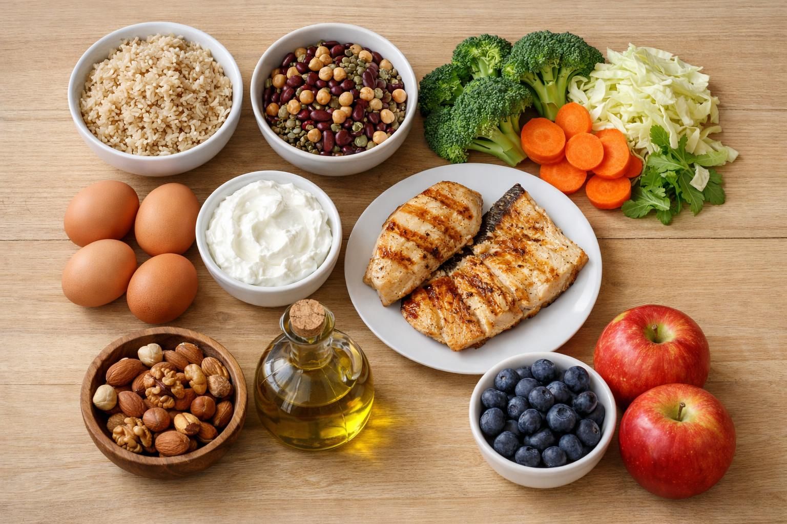 Grilled fish, rice, beans, vegetables, fruit, and nuts