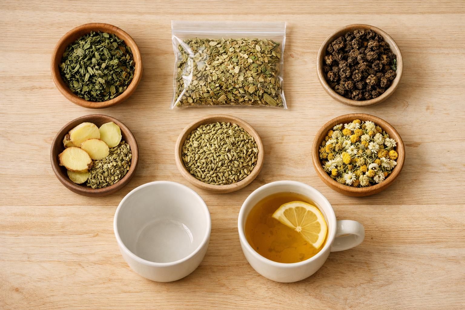 Herbal tea ingredients in bowls with lemon tea cup