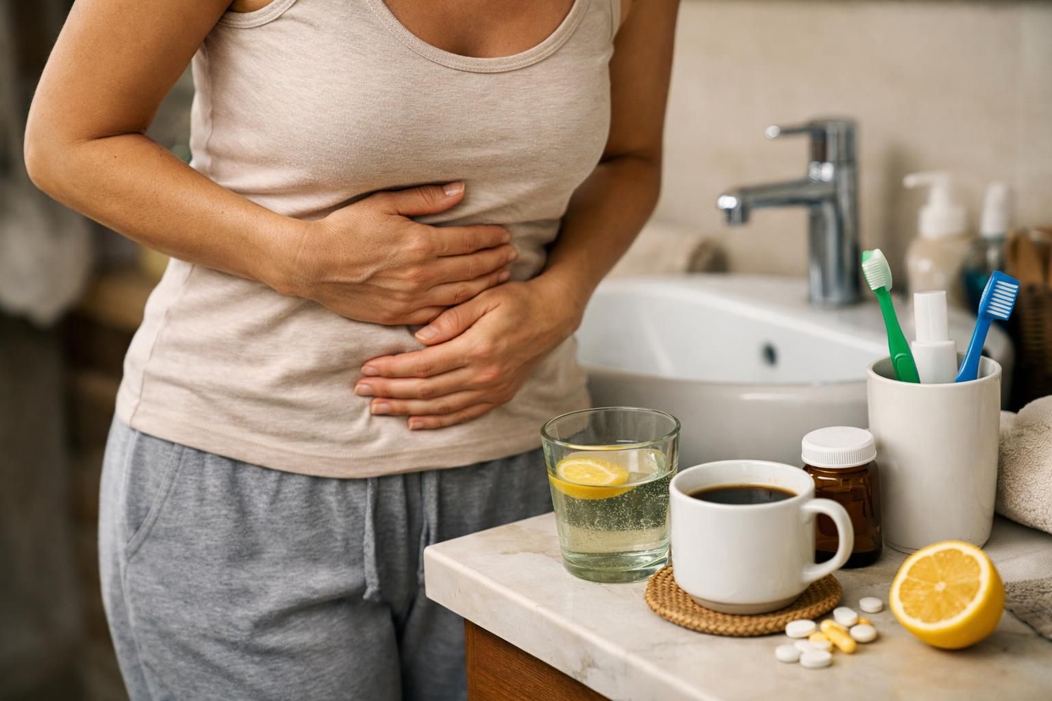 Person holding stomach beside sink with pills and lemon water